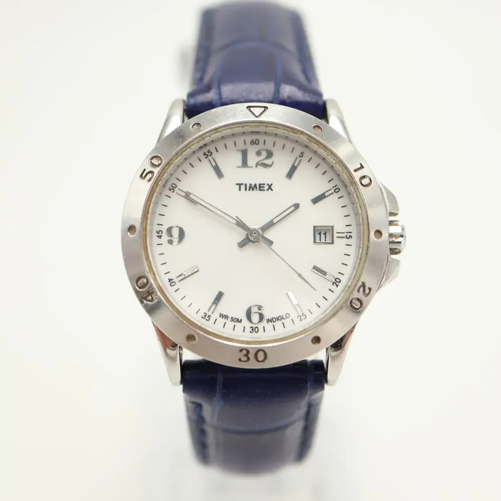 Timex Indiglo Silver Tone Date 29mm Womens Watch Blue Leather w New Battery